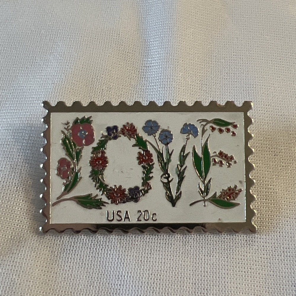 Vintage Lapel Hat Pin Love 20 Cent USA Stamp Floral White Enamel 1982 1980s